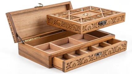 Carved Wooden Jewelry Box on White Background