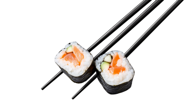 Black chopsticks holding sushi isolated on transparent background --ar 16:9 - Powered by Adobe