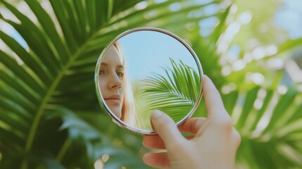 Woman Reflection Palm Leaves Tropical Mirror Nature Beauty