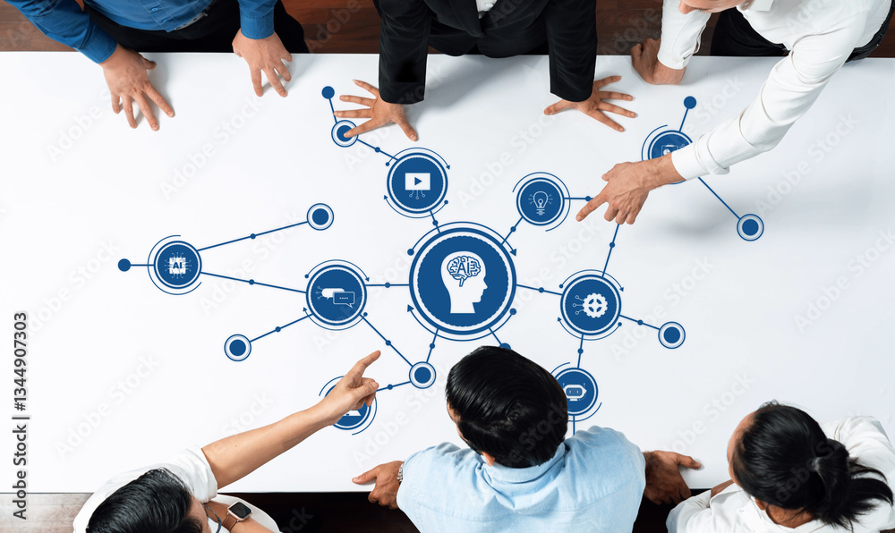Fototapete Diverse team engages in brainstorming around AI concepts, utilizing digital infographic showing connections. A modern workspace fosters creativity and collaboration. Amity