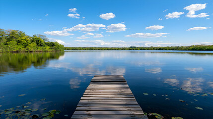 Obraz premium Wooden Pier Extending Over Calm Lake Reflecting Blue Sky And White Clouds Under Sunlight