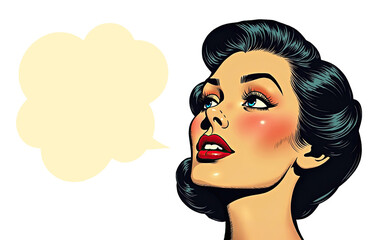 Vintage pin-up illustration of elegant woman with dark hair and red lips gazing upward. Retro 1950s comic book art style with empty speech bubble, perfect for customizable messaging.

