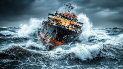 Damaged cargo ship battling rough seas