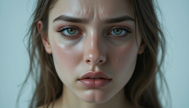 Portrait expressif femme triste pleurer en larmes sur fond blanc.