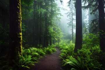 Fototapeta premium Misty Forest Path Lush Green Ferns, Mossy Trees, Tranquil Nature