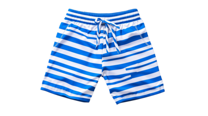 Blue and white striped swimming shorts isolated on white background --ar 16:9