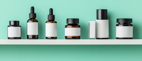 Fototapeta premium Various bottles and jars arranged on a clean white shelf