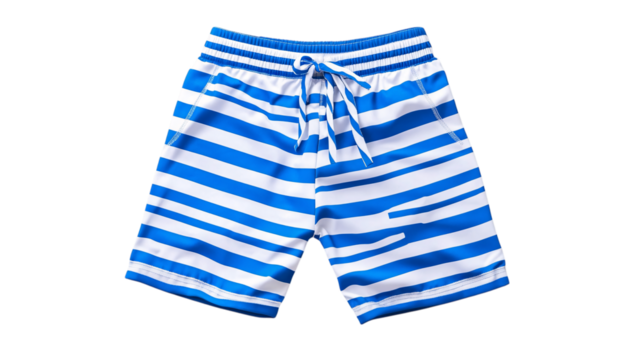 Blue and white striped swimming shorts isolated on white background --ar 16:9