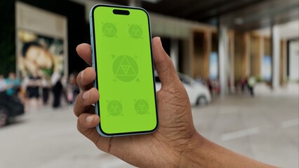 GREEN SCREEN CHROMA KEY Smartphone with a green screen held in a hand near a hotel entrance, featuring a parked car and modern urban surroundings