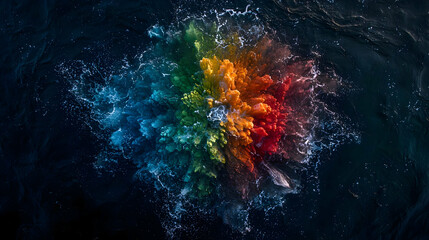 Fototapeta premium Abstract Explosion Of Rainbow Colors Water Splash Against Dark Blue Surface Illustrating Energy And Dynamic Motion