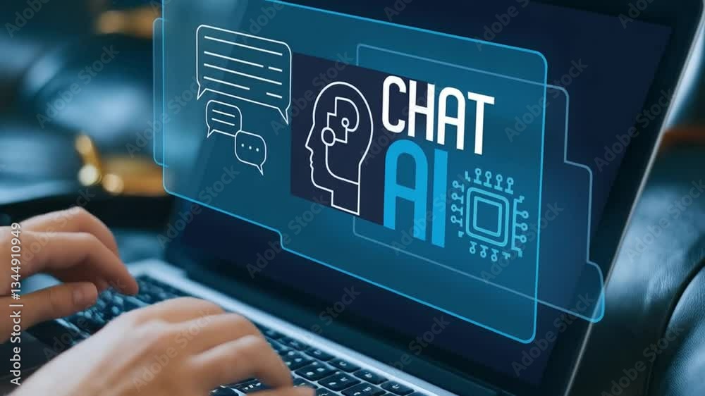 Poster Futuristic Businessman Interacts with AI Chatbot: OpenAI-Powered Intelligence Revolutionizing Communication and Efficiency in Modern Workplace.       