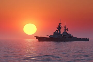 Sunset over the ocean with a naval ship navigating through calm waters