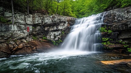 Fototapeta premium High-Speed Shot of Cascading Waterfall with Lush Green Surroundings