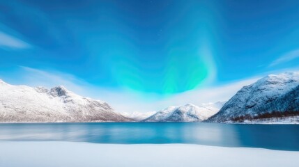 Winter wonderland, aurora borealis over a serene lake. Snowy mountains,  clear blue sky
