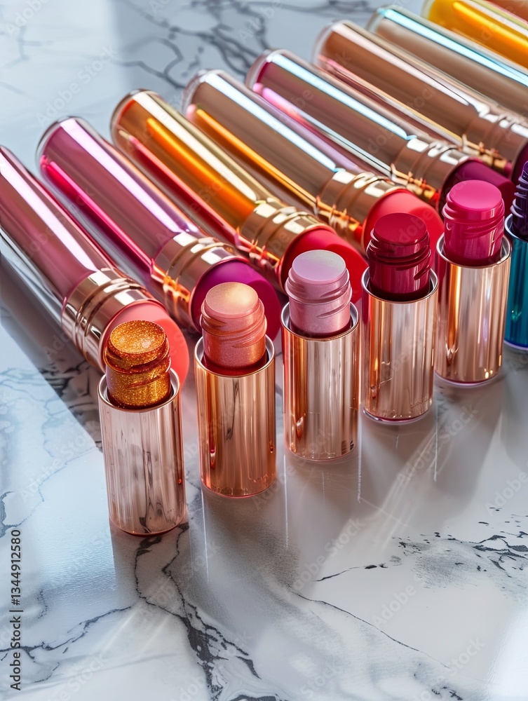 Poster colorful lip gloss and lipstick tubes displayed elegantly on a marble surface generative ai