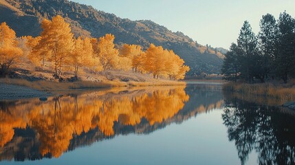 Fototapeta premium Serene Autumn Reflection on Calm Lake Amid Golden Hues of Nature