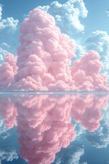Vibrant pink clouds reflect on serene water under a clear blue sky during a calm afternoon