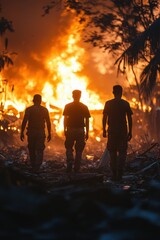 Firefighters walk toward a massive blaze as flames rise in the background during a nighttime emergency response