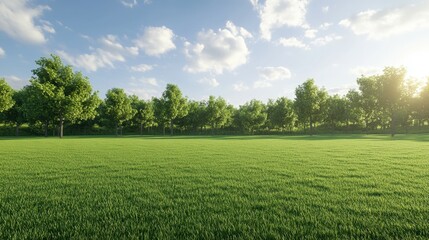 Fototapeta premium Background texture of clean and wellmaintained grass lawn with a variety of trees in the background against beautiful sky Vacant ground or empty unpowered campsite in a park Copy space : Generative AI