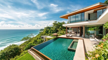 Fototapeta premium Modern Home with Infinity Pool Overlooking Ocean View