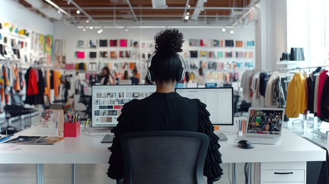 Creative professional working in a modern boutique with vibrant clothing displays