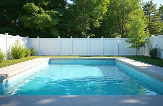 In-ground blue swimming pool surrounded by vinyl panel fence. Summer backyard home improvement landscaping design for residential property. Privacy fence, sunlight, trees, grass around summer