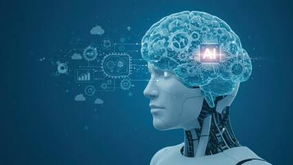 Obraz premium Robot with digital brain representing AI and artificial intelligence concept Features data visualization elements and futuristic design themes
