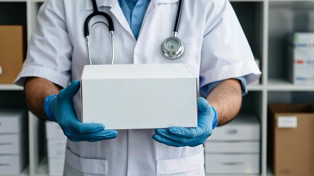 A doctor is holding a white box. Pharmacist holding parcel in medical warehouse. Online orders and delivery of medicines.