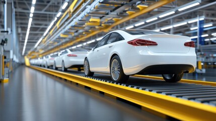 Obraz premium White cars on assembly line in modern factory, ready for distribution, nearing completion.