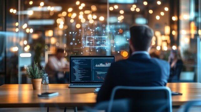 Presenter showcasing software demo on a slim laptop in modern workspace with ambient lighting - Powered by Adobe