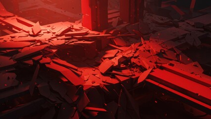 Naklejka premium Abstract debris and shattered materials illuminated by red lighting create a chaotic digital landscape Conceptual art reflects themes of destruction and creativity