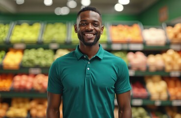 Fototapeta premium Portrait of smiling African-American man, grocery store employee in green polo t-shirt. Fruit, vegetables on blurred background. Food market worker, small business owner. Friendly supermarket staff