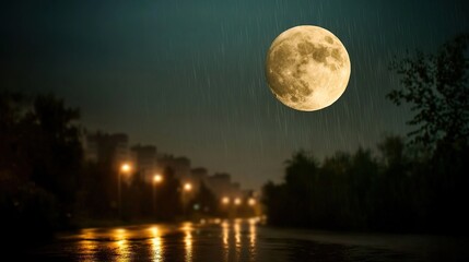 Full moon, rainy night, city street
