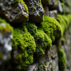 Close-Up of Moss-Covered Stone Wall with Lush Green Vegetation