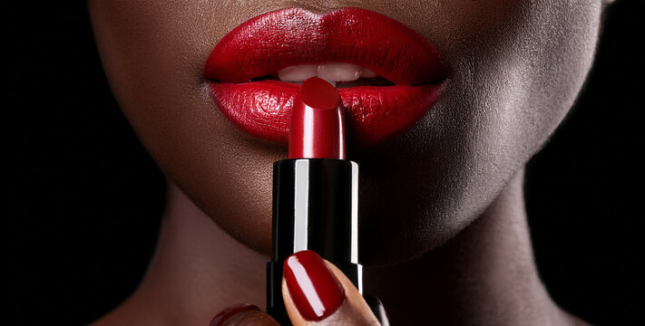 Unos labios de mujer negra pintados de rojo tentación con un lápiz labial en la mano