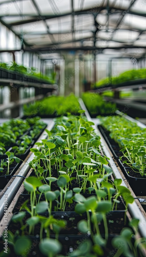 Poster rows of microgreens thriving under advanced drip irrigation in a well-maintained greenhouse environm