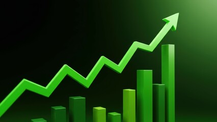 Green arrow and bar graph represent financial growth and analytics in business data analysis, symbolizing progress and success in finance