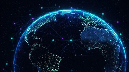 Obraz premium Digital globe representation showcasing a connected world with lights and nodes Reflects themes of technology, globalization, and data visualization