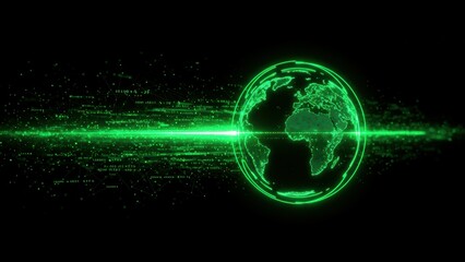 Obraz premium Green globe with data streams depicting earth and technology Represents digital communication, globalization, sustainability concepts
