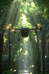 Drone navigates through a sunlit forest path, capturing serene natural beauty and intricate details of foliage and sunlight rays
