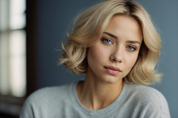 Naklejka premium Elegant Woman with Short Blonde Bob and Natural Makeup, Professional Portrait on Muted Blue Background