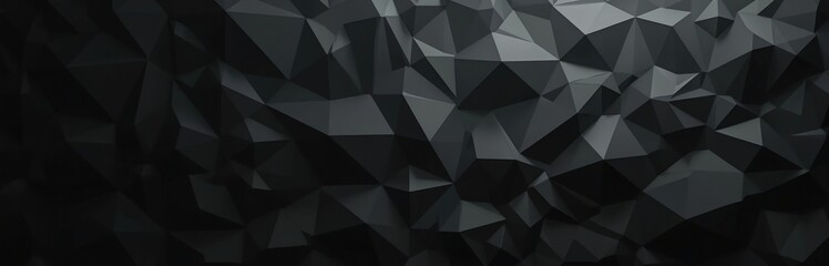Fototapeta premium Background of black low polygon shapes, dark crystals, triangles mosaic. Creative origami wallpaper. Black geometric three-dimensional digital abstract graphic polygon pattern for template or banner.
