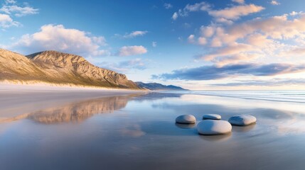 A tranquil beach scene featuring smooth stones on a reflective shoreline under a blue sky with soft clouds, ideal for travel blogs, relaxation themes, and nature documentaries,