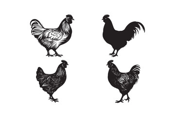 Black Silhouette Chicken Vector Rooster and Hen Clipart Farm Poultry Illustration