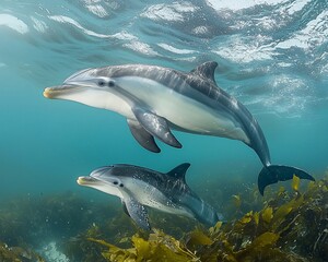 Obraz premium Two dolphins swimming in clear ocean water near kelp forest. (1)