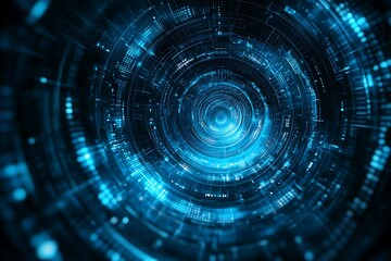 Digital blue data circles and lines forming a futuristic tunnel view