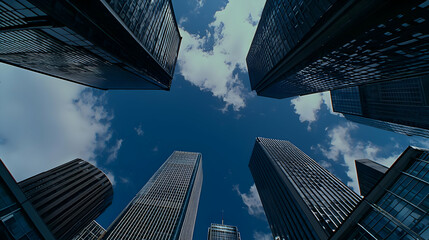 Low Angle View Of Skyscrapers Against A Blue Sky With Fluffy Clouds Reflecting Light And Geometric Design