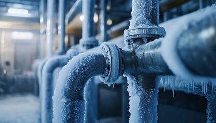 Close-up of frozen steel pipes in an ice factory, with cold air flowing through them and icy surfaces