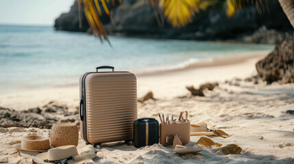 Stylish Suitcase and Travel Accessories Arranged on a Tropical Beach with Golden Sand and Crystal-Clear Water in the Background