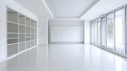 Fototapeta premium Empty White Interior Room With Shelves Window and Bright Lighting Displaying Modern Design and Clean Lines